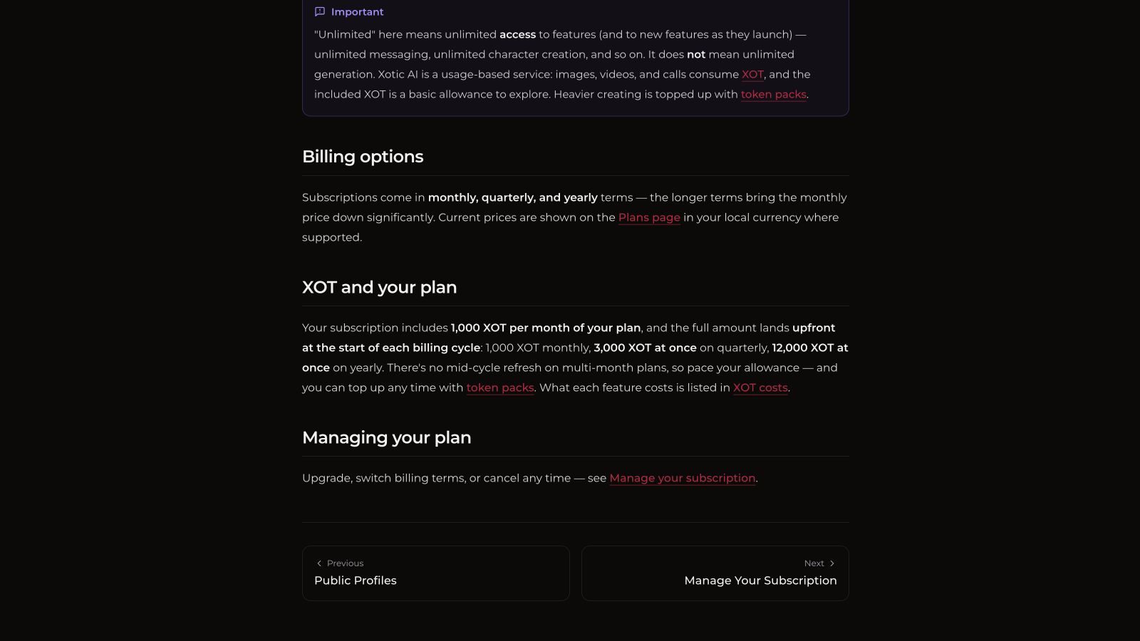 Xotic AI guide explaining XOT deposits by billing cycle