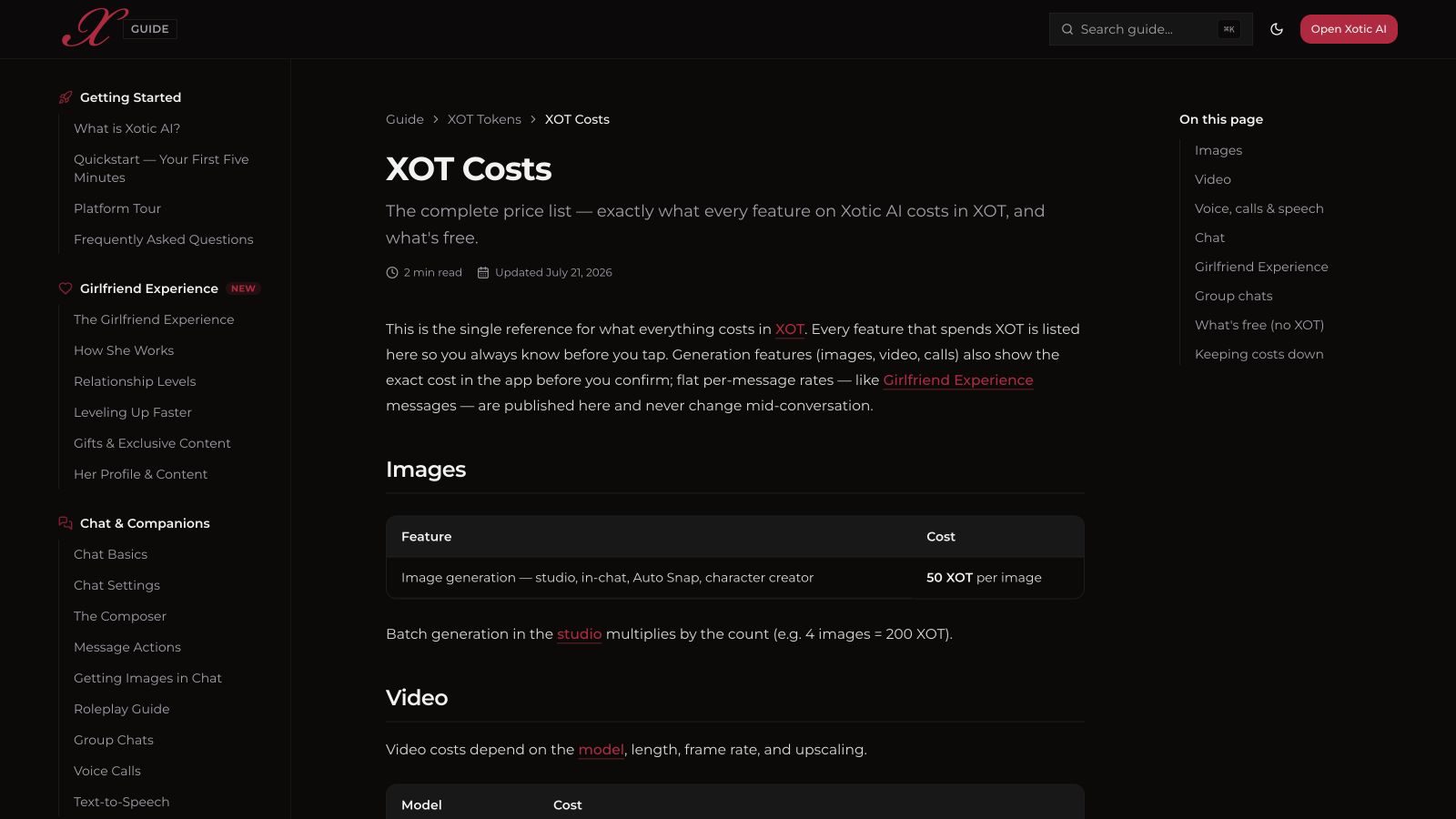 Xotic AI XOT cost guide showing image generation at 50 XOT