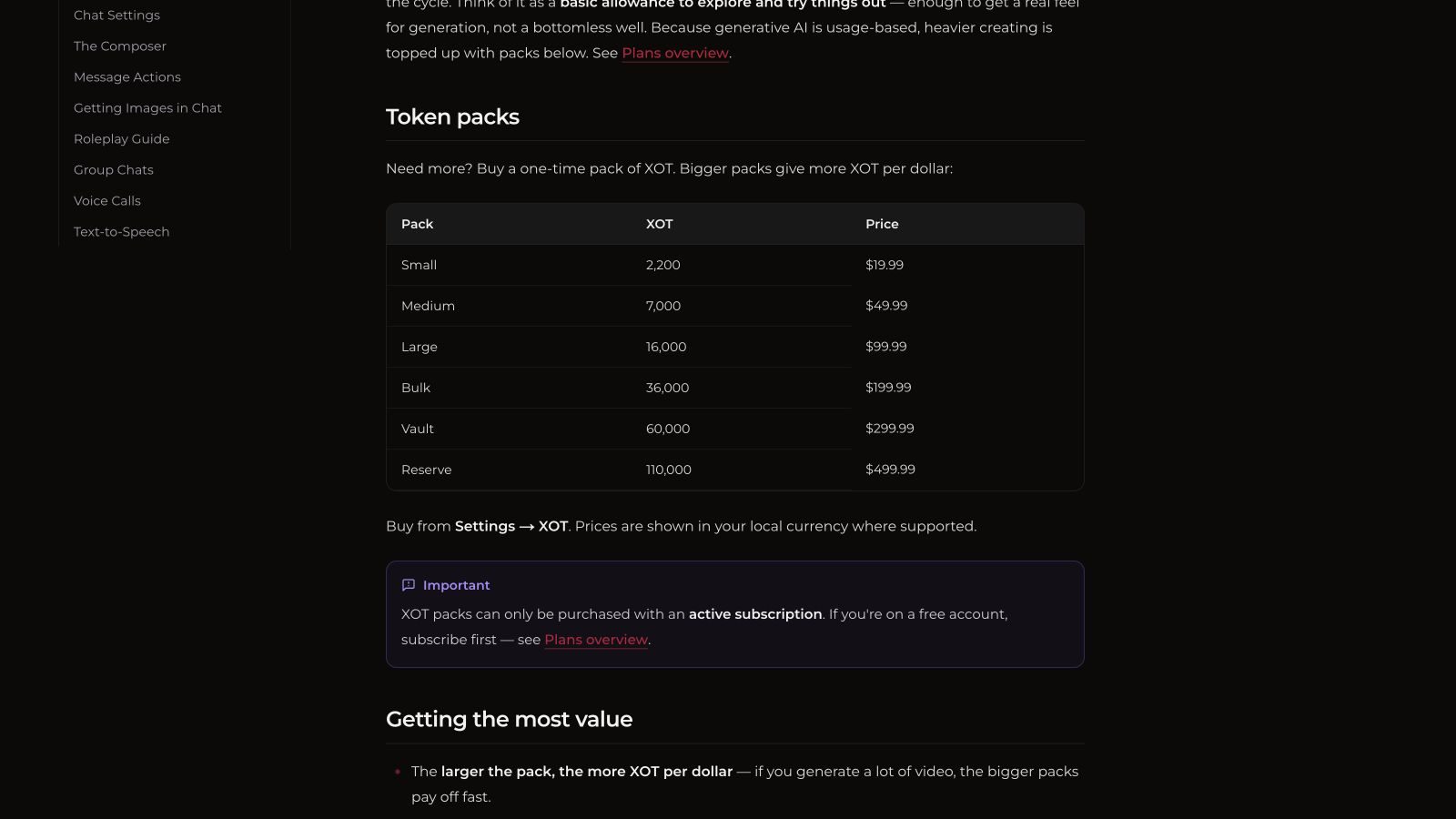 Xotic AI official table of XOT pack sizes and US-dollar prices