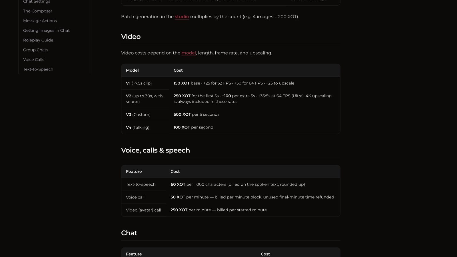 Xotic AI guide listing V1, V2, V3 and V4 video costs