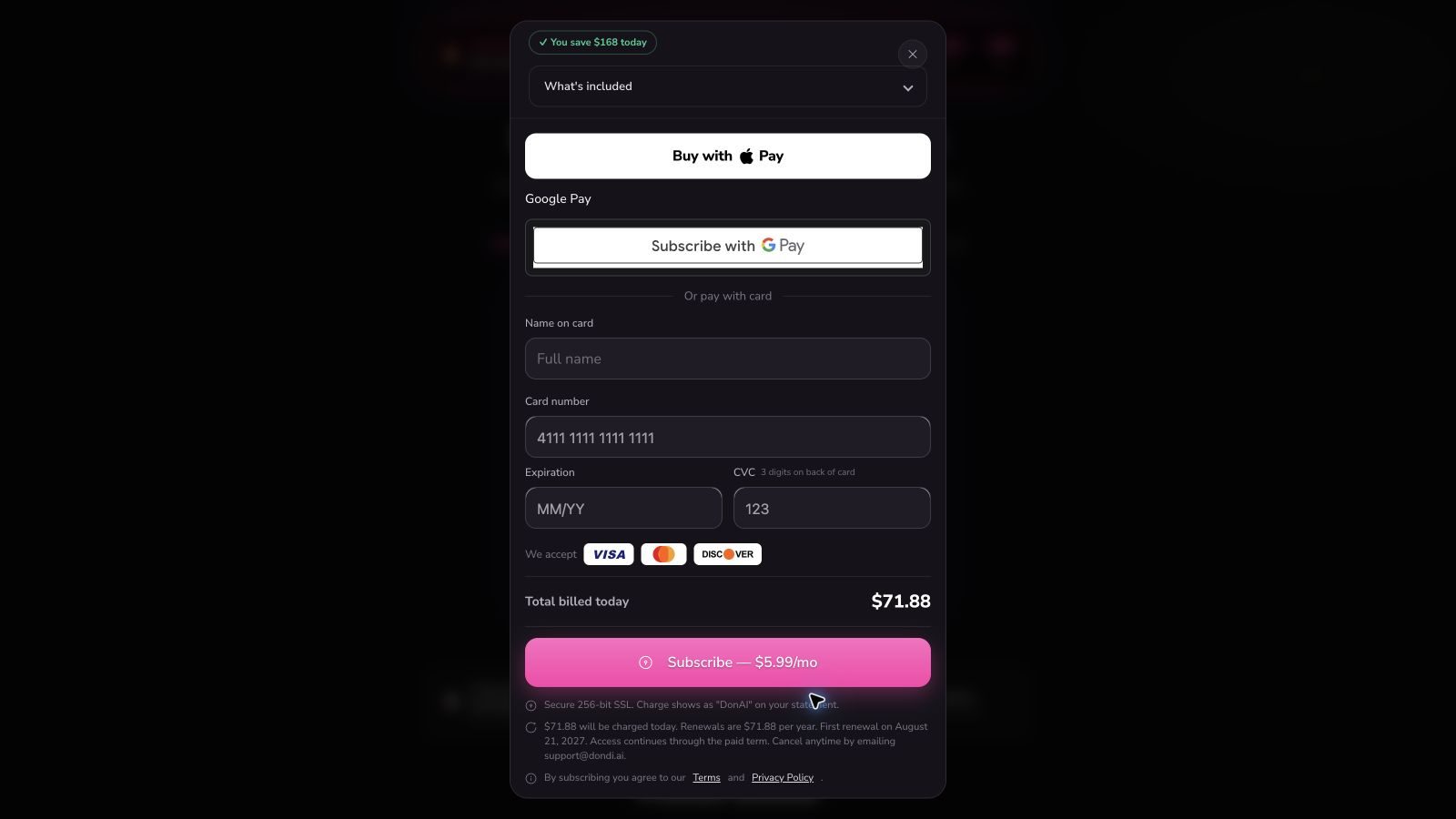DONDI annual checkout showing the complete USD total