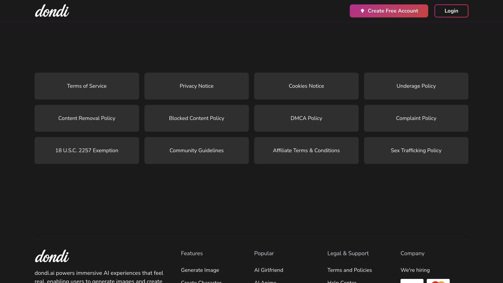 DONDI legal hub linking its terms and policy pages
