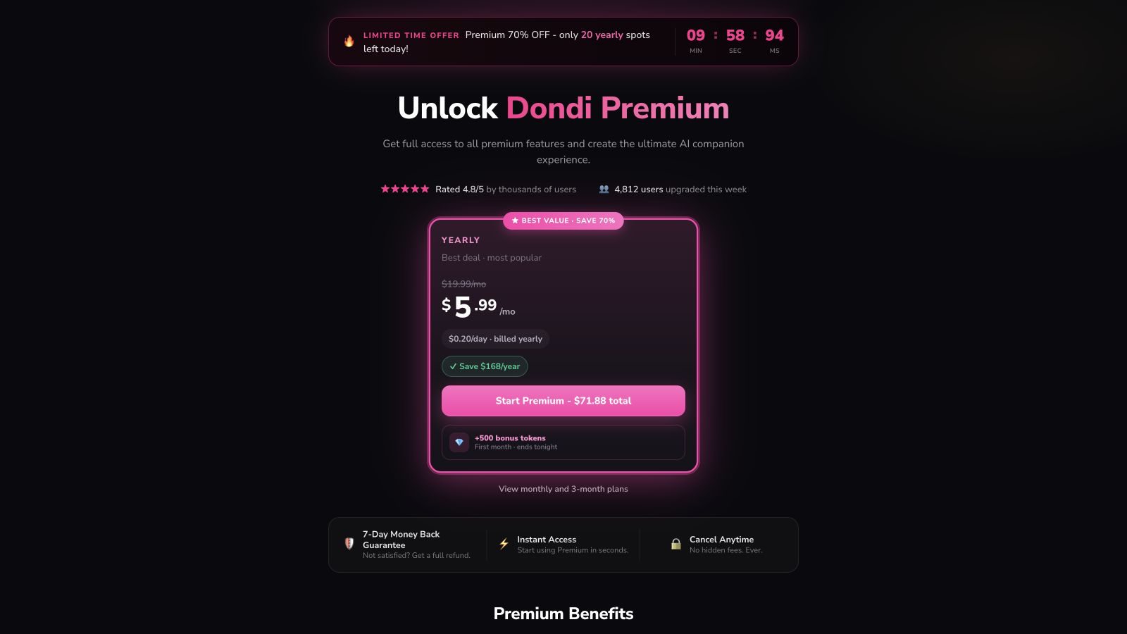 DONDI yearly Premium offer with billed total and marketing claims