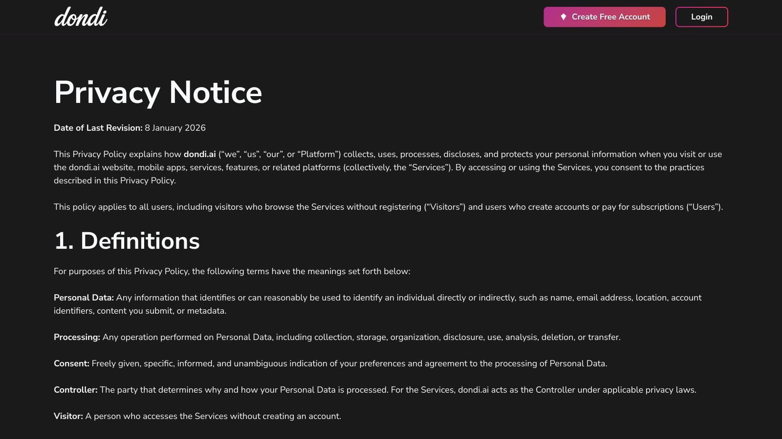 DONDI Privacy Notice defining personal data and the platform controller