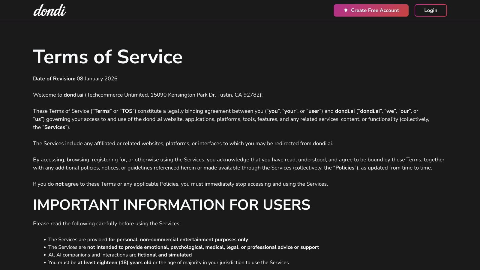 DONDI Terms naming the operator, adult rule and fictional service