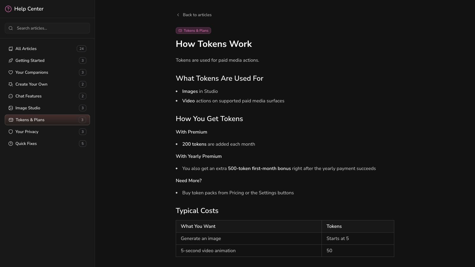 DONDI Help Center explaining token sources and typical media costs