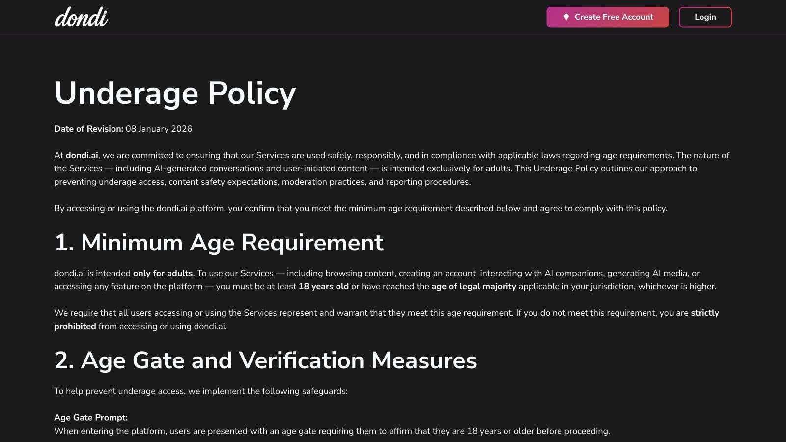 DONDI Underage Policy describing its adult-only rule and age gate