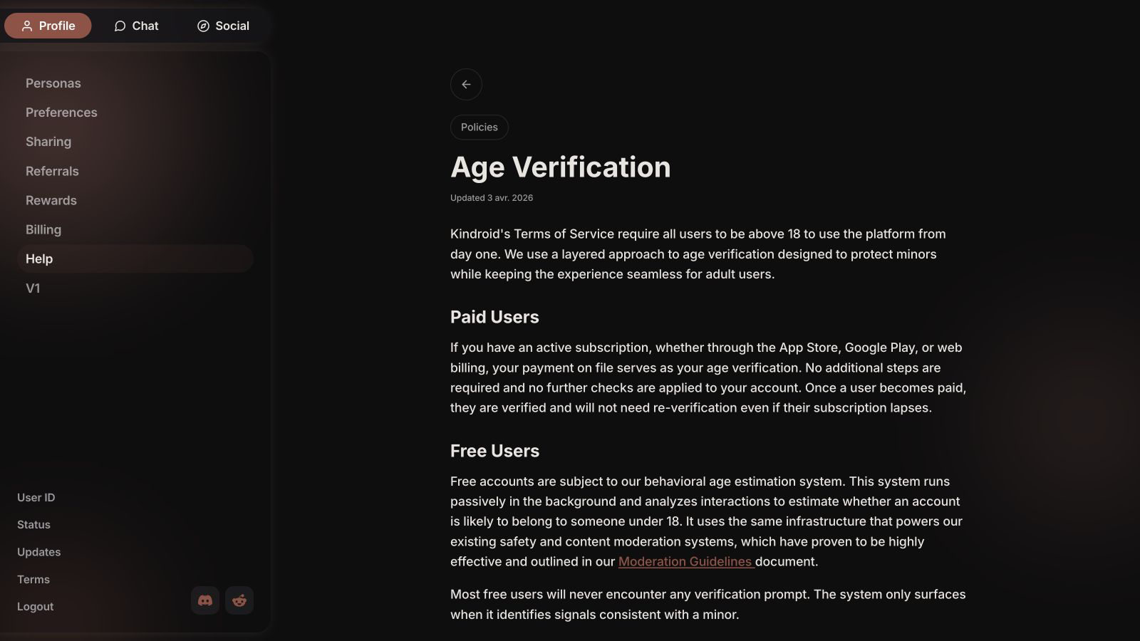 Kindroid age-verification guide describing paid and free-user checks
