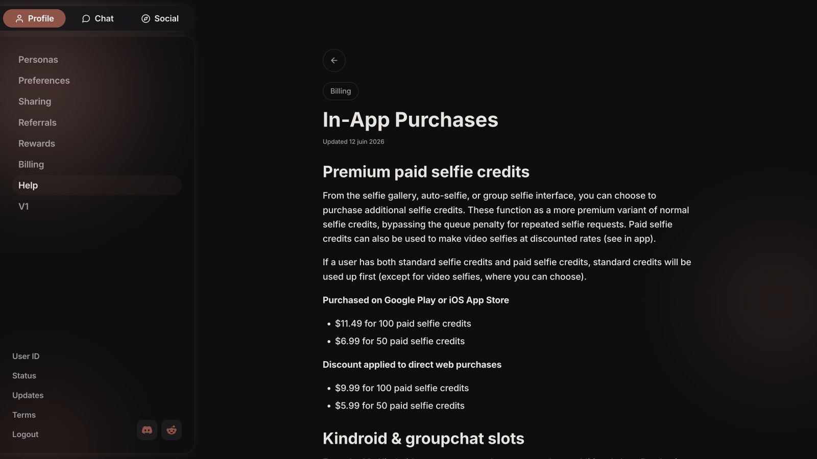 Kindroid purchase guide showing paid selfie-credit prices