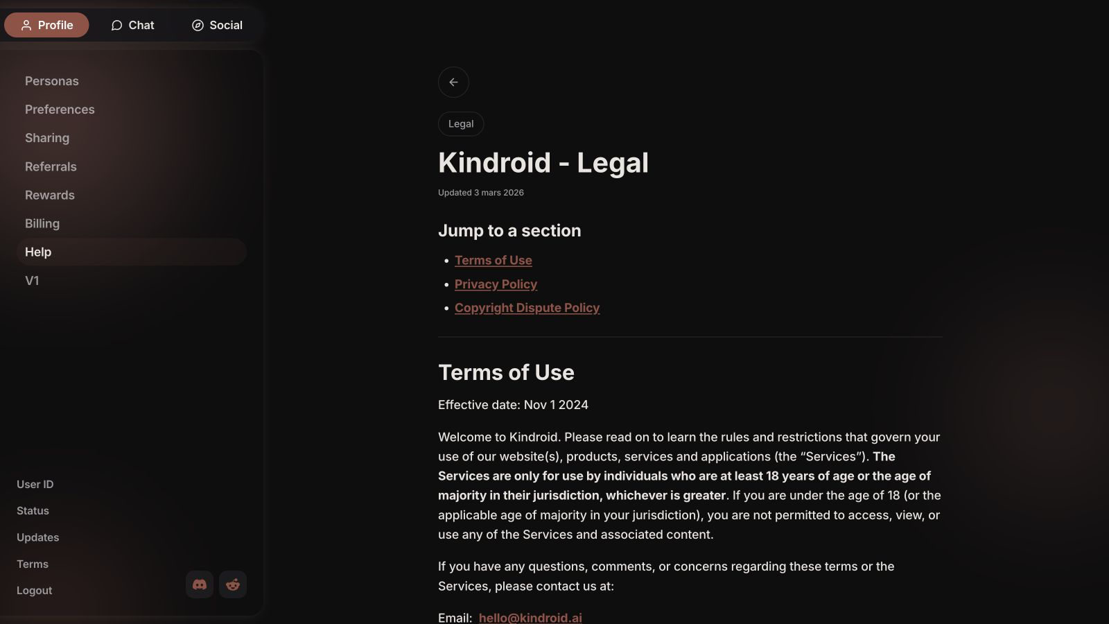 Kindroid legal page naming its terms and adults-only service