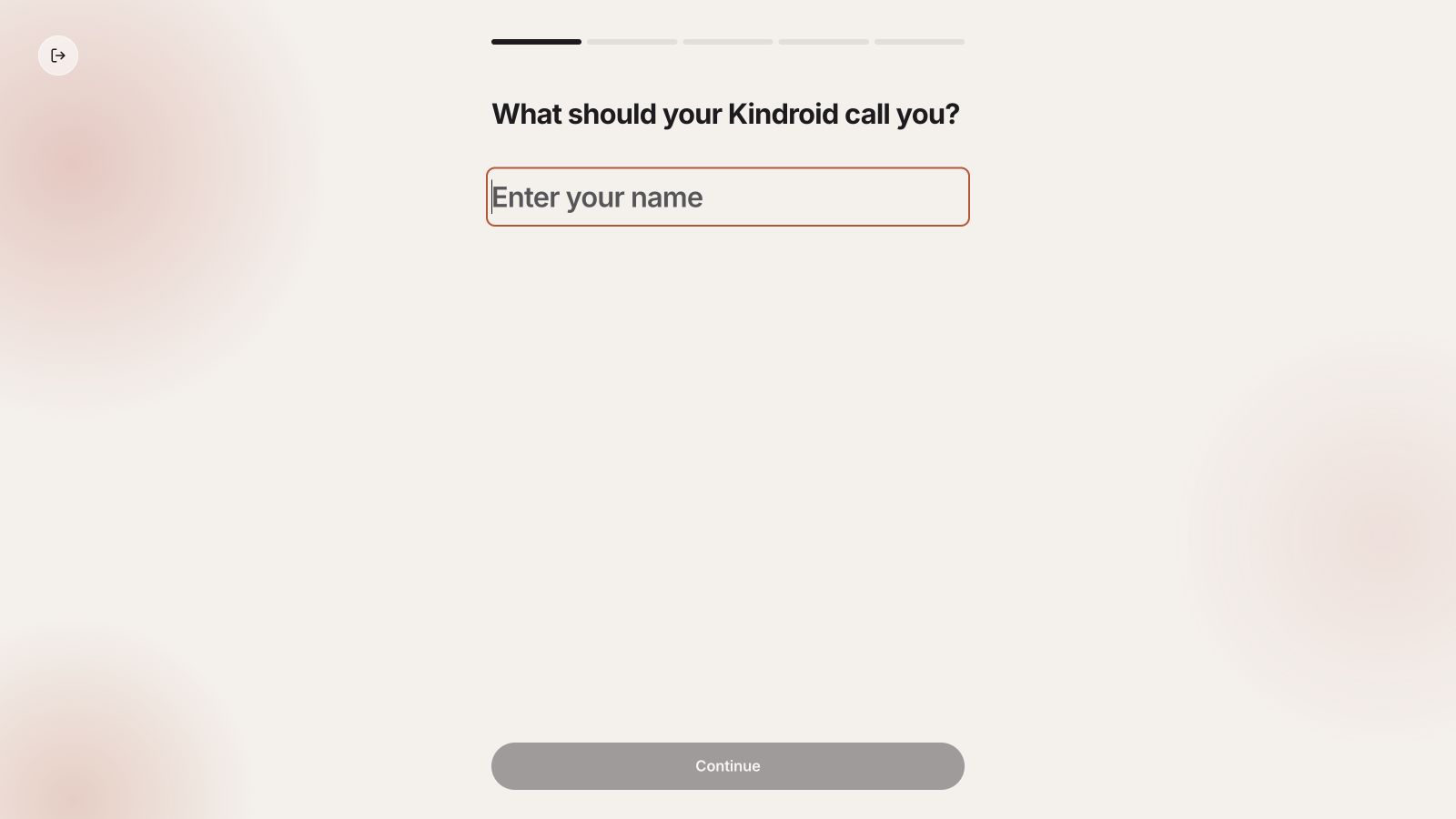 Blank first step of Kindroid's signed-in onboarding flow