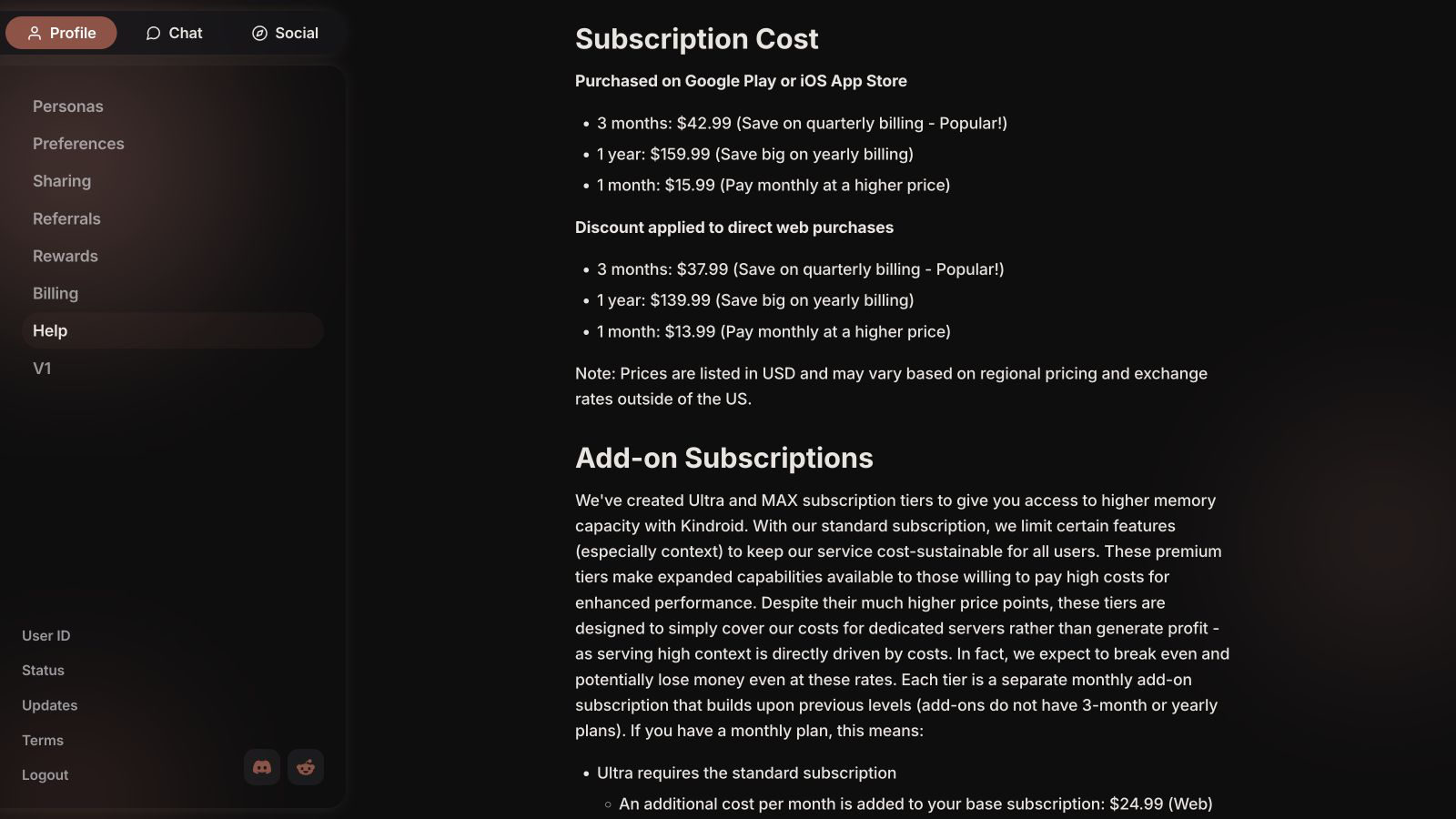 Kindroid subscription guide showing current web and app USD totals