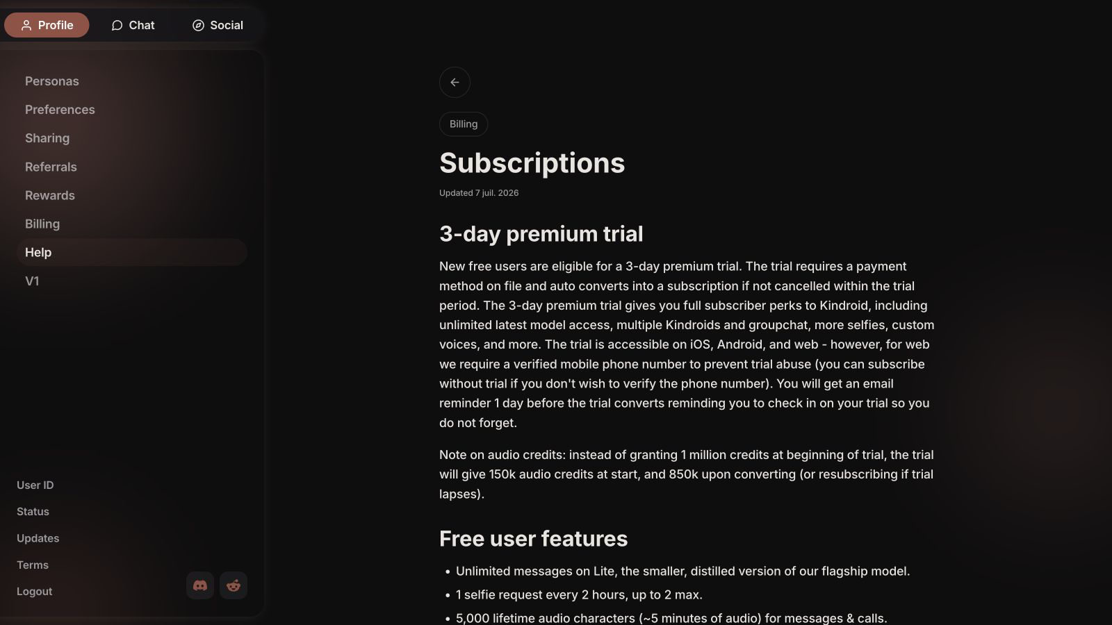 Kindroid subscription guide showing its trial and current free features