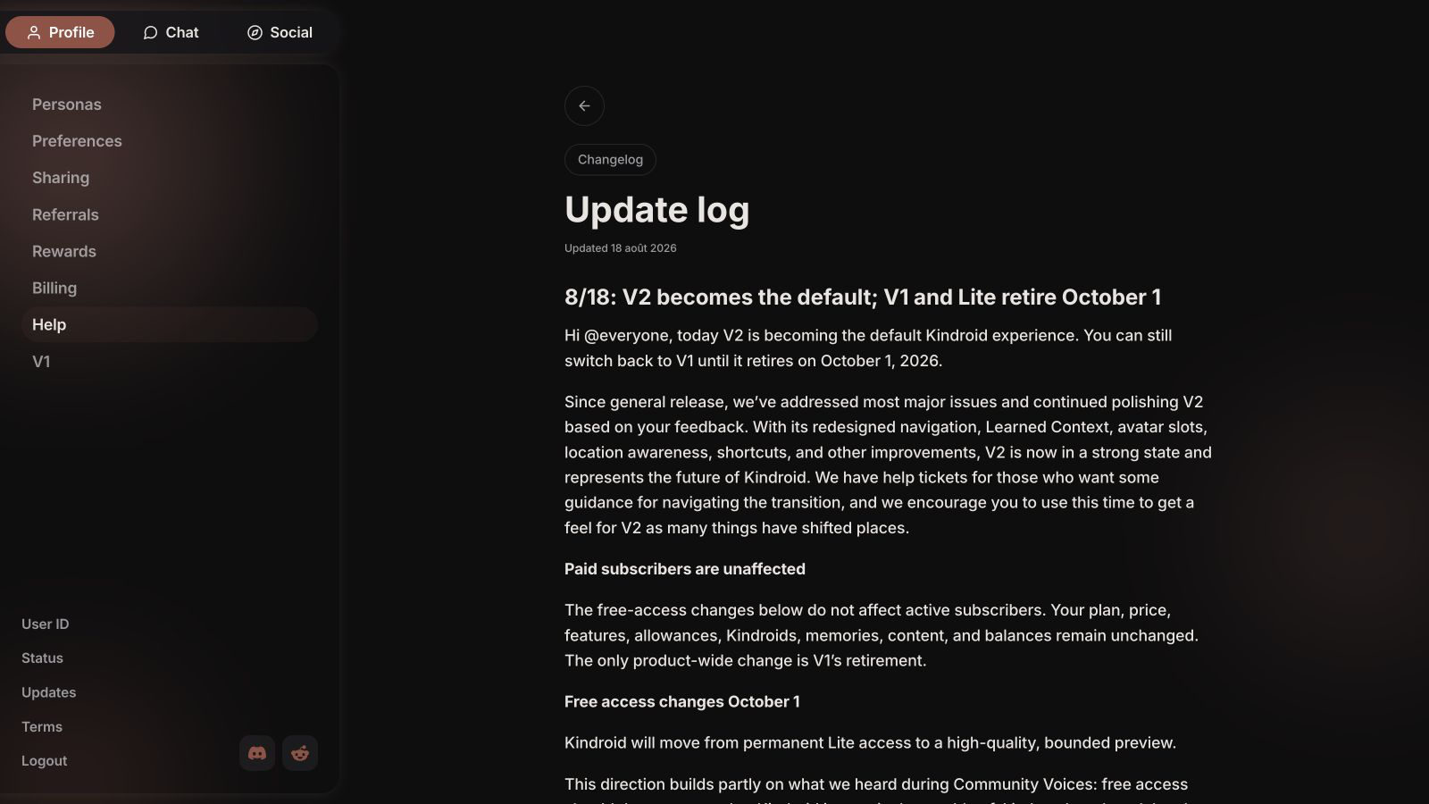 Kindroid update log announcing the October retirement of Lite