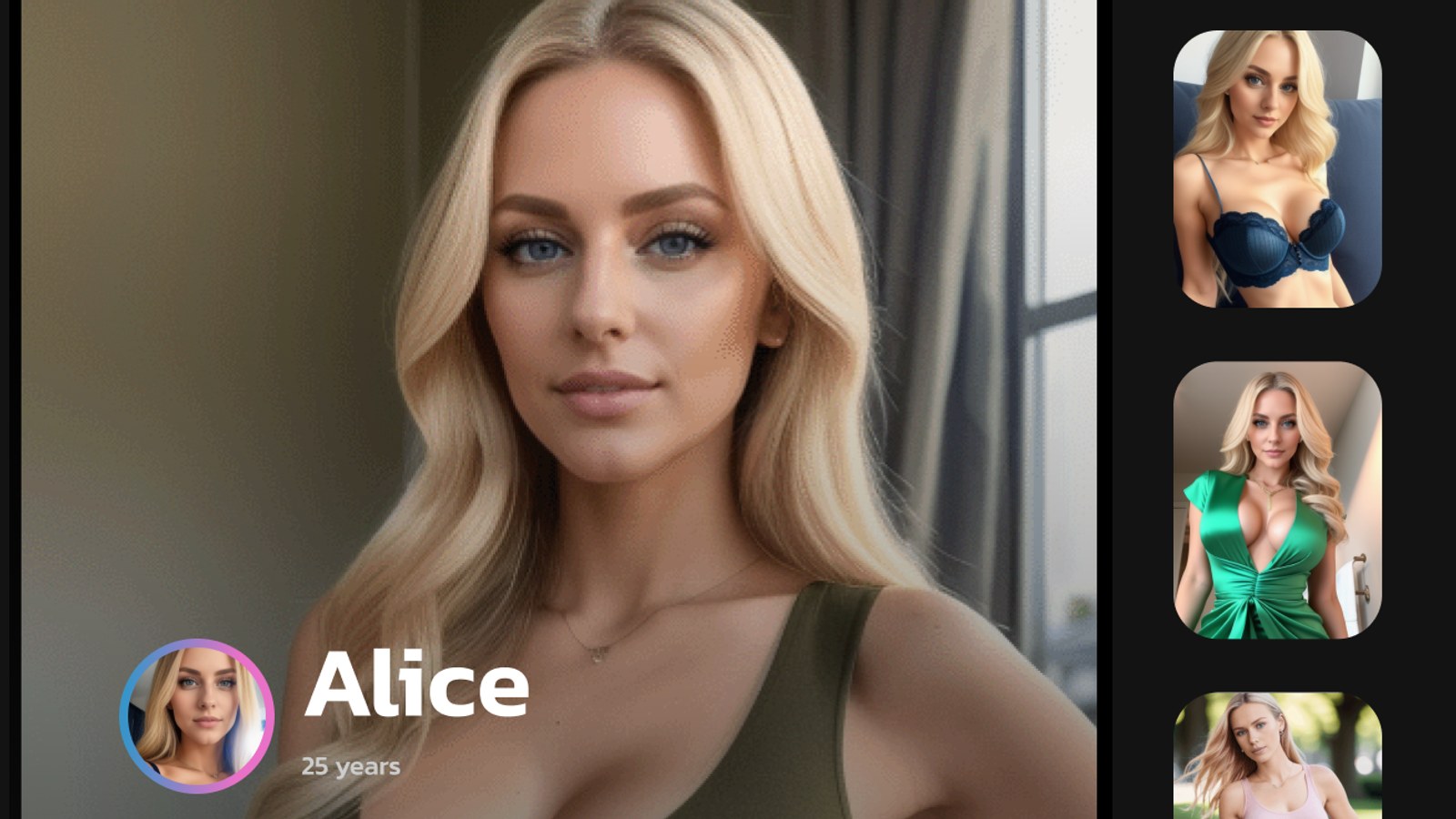 Kupid AI profile card showing Alice, age 25, across several outfits