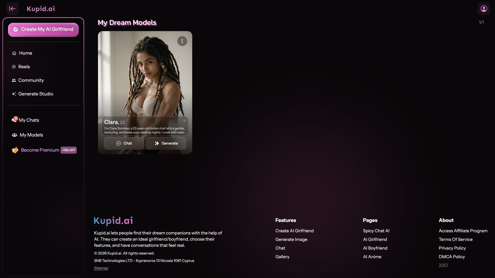 Kupid AI My Models page showing Clara age 22