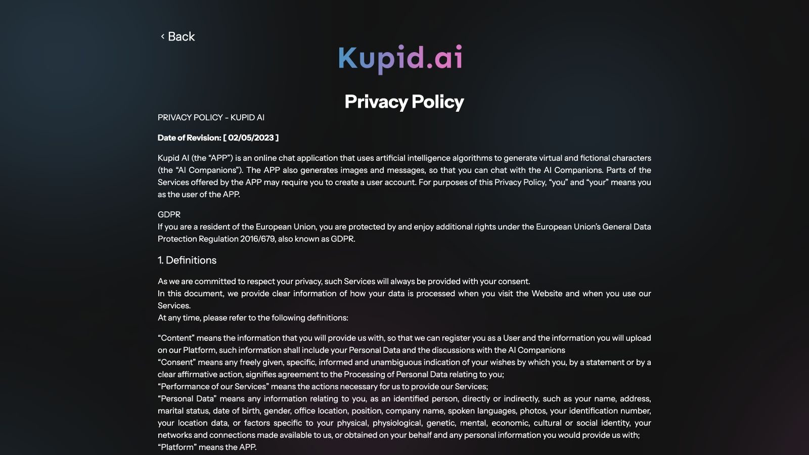 Kupid AI Privacy Policy defining companion discussions as content