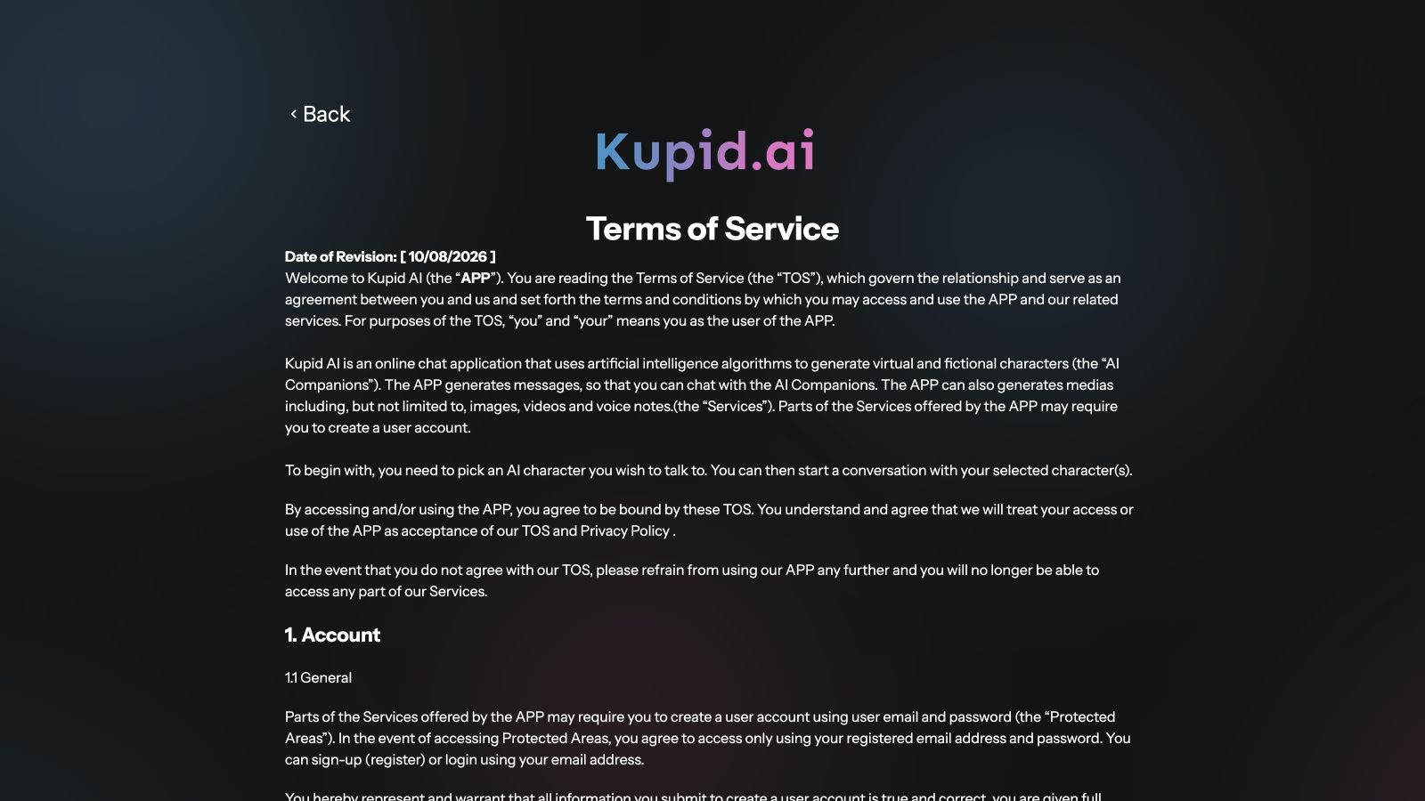 Kupid AI Terms describing the service as virtual and fictional