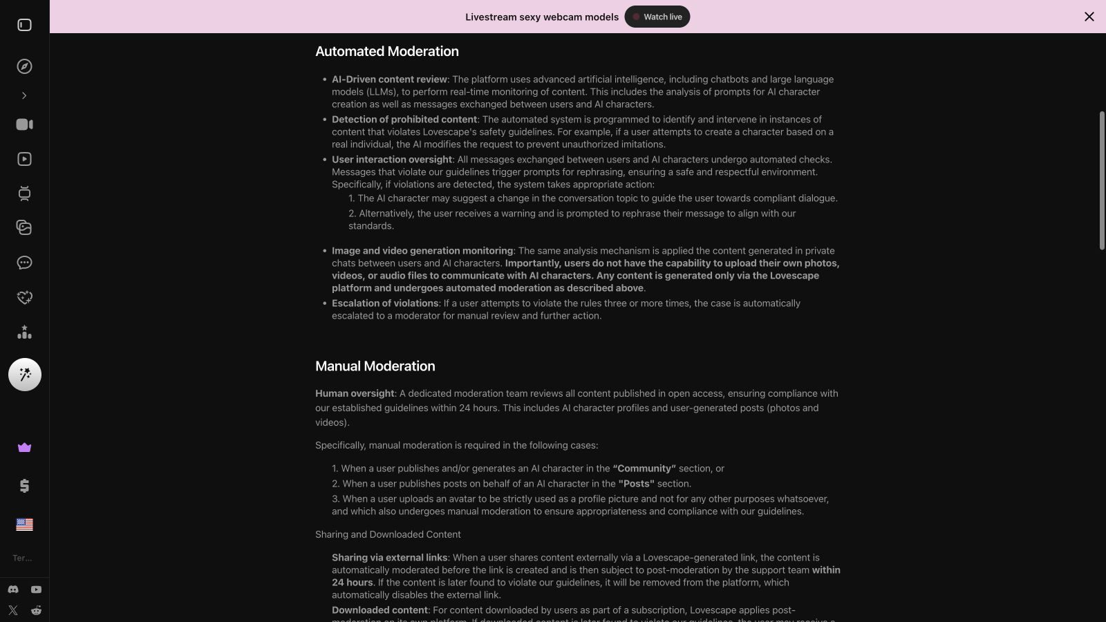 Lovescape moderation policy describing automated and manual review