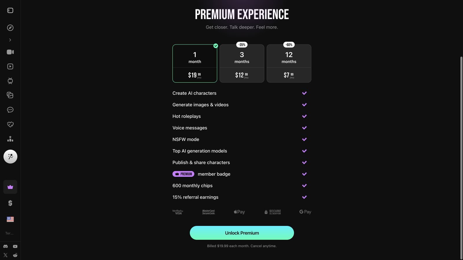 Lovescape monthly Premium plan showing $19.99 billed monthly
