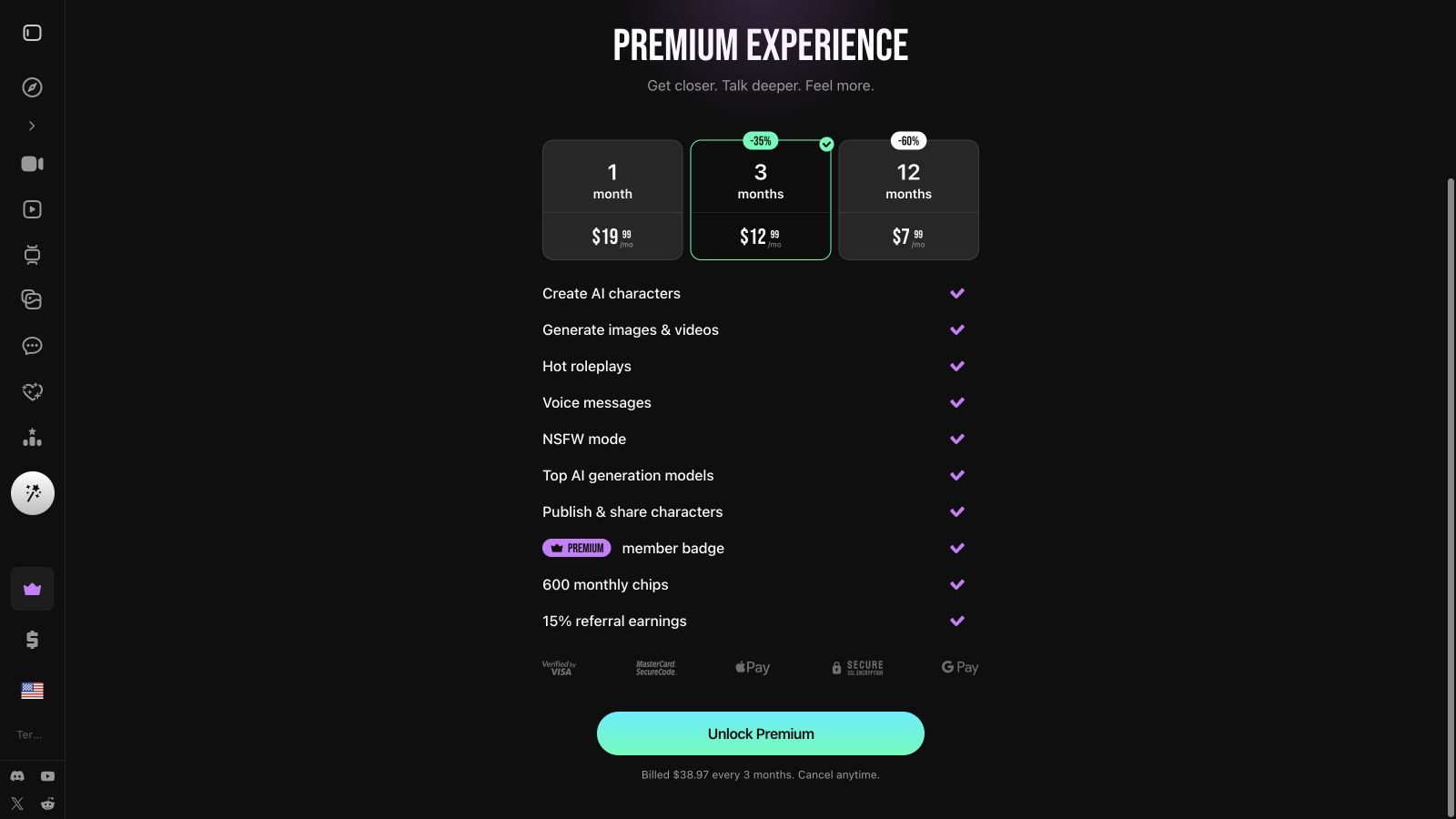 Lovescape three-month Premium plan showing a $38.97 charge