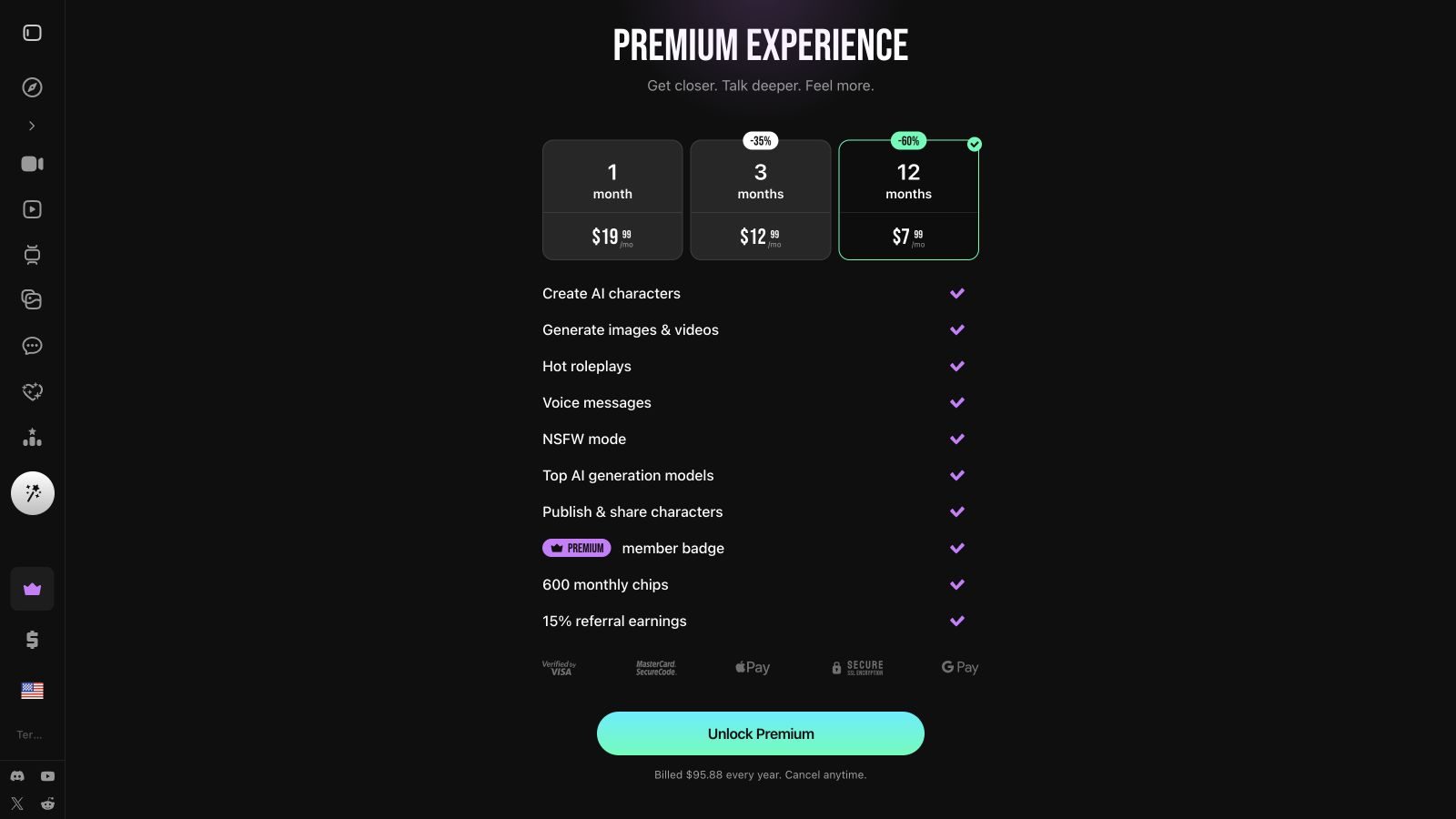 Lovescape annual Premium plan showing $95.88 billed yearly