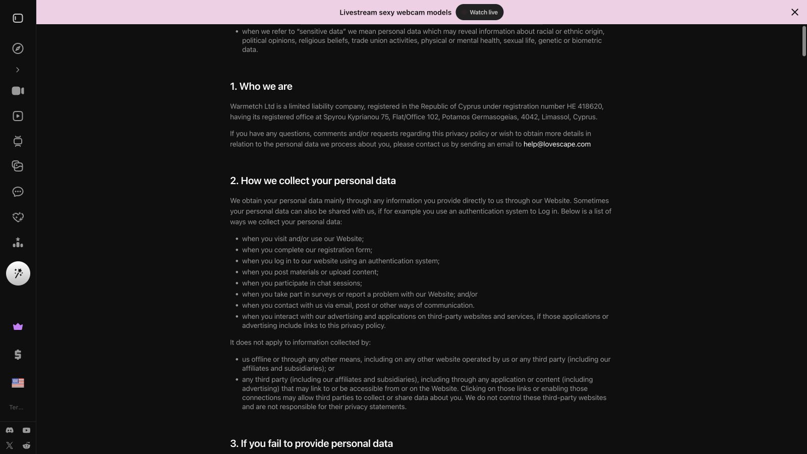 Lovescape Privacy Policy identifying Warmtech and data collection routes