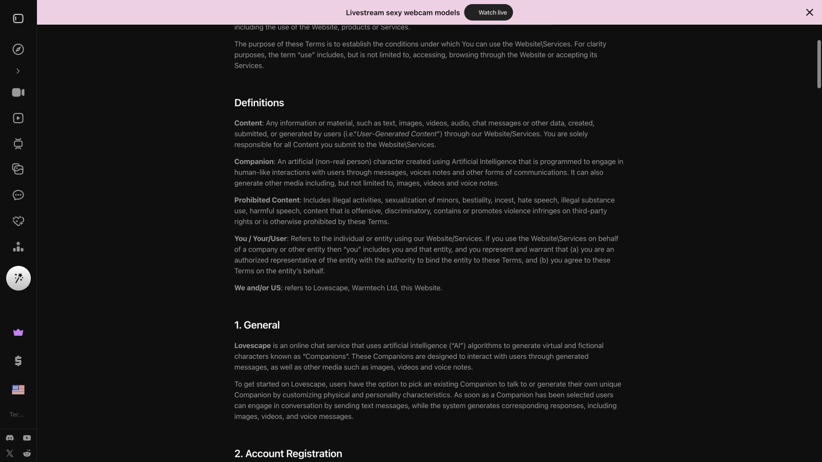 Lovescape Terms defining fictional companions and prohibited content