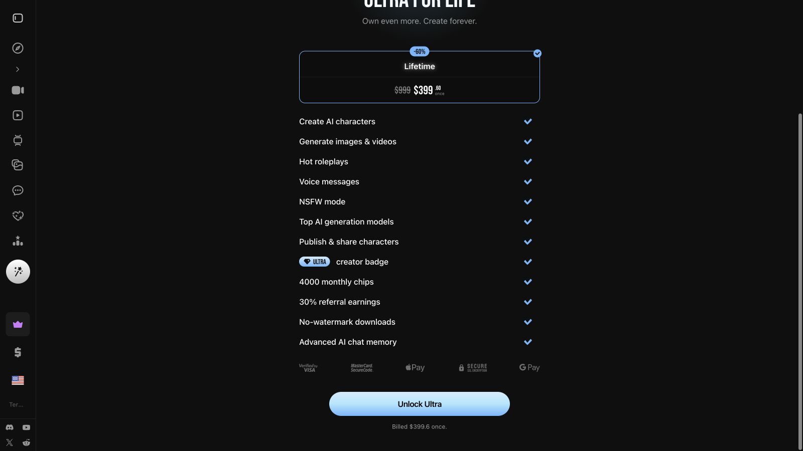Lovescape Ultra lifetime plan showing $399.60 billed once