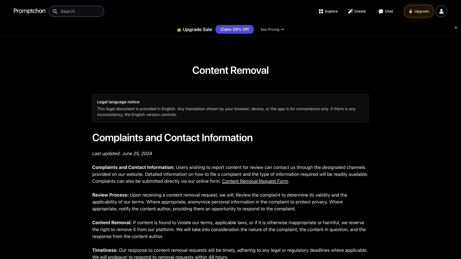 Promptchan Content Removal page describing complaints, review and a 48-hour response target