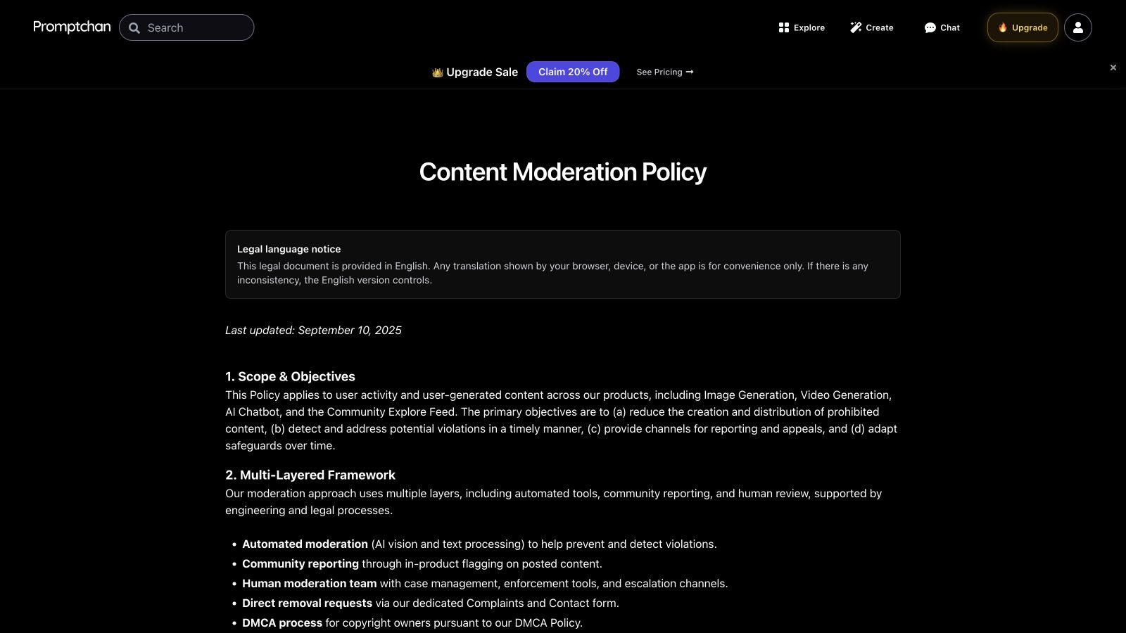 Promptchan Content Moderation Policy describing automated tools, reports and human review