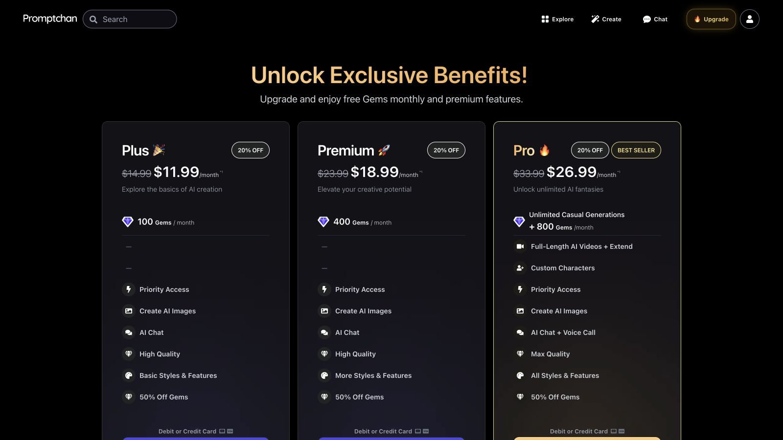 Promptchan Plus, Premium and Pro first-month prices and Gem allowances