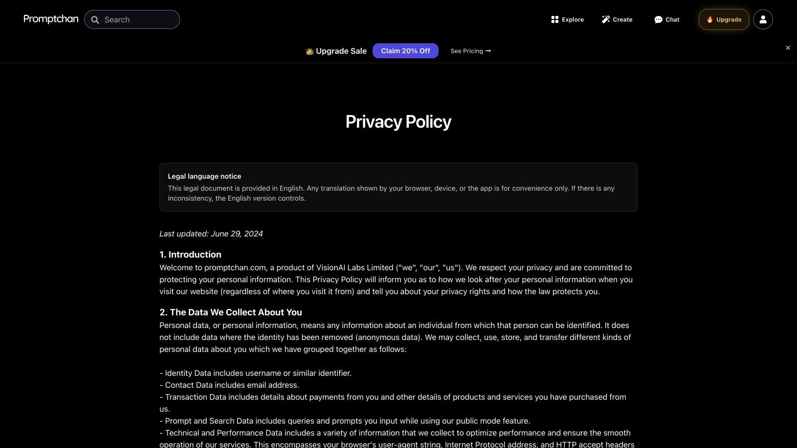 Promptchan Privacy Policy listing identity, contact, transaction, public-prompt and technical data