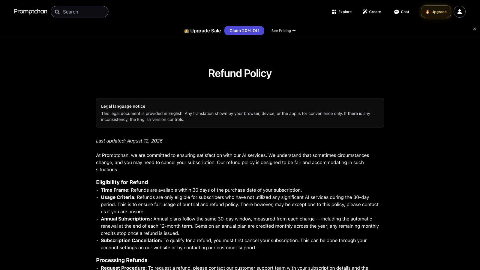 Promptchan Refund Policy showing the conditional 30-day eligibility window