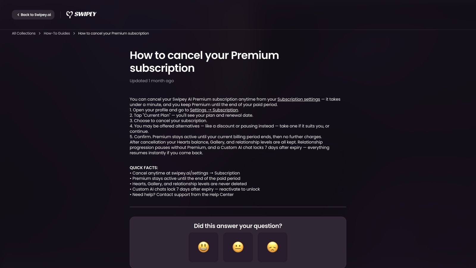 Swipey Help Center instructions for cancelling Premium in account settings