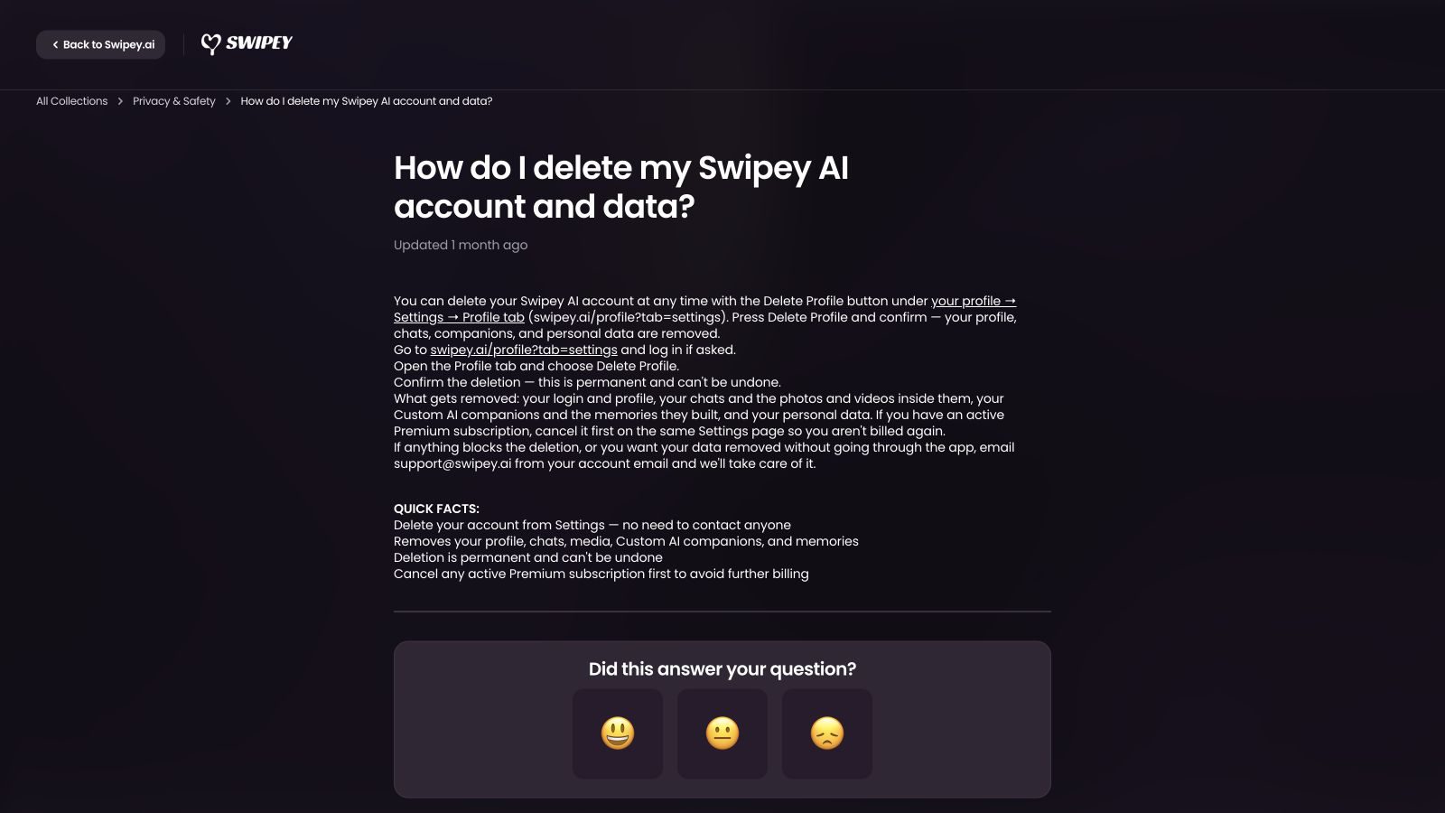Swipey Help Center instructions for deleting an account and its data