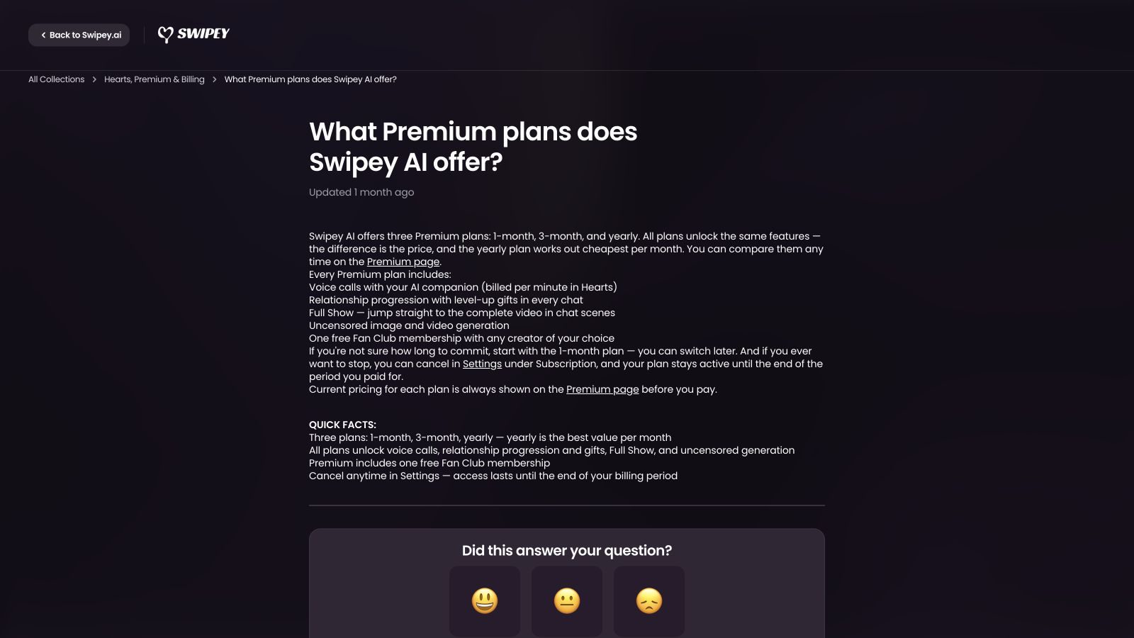 Swipey Help Center describing its one-month, three-month and annual Premium plans