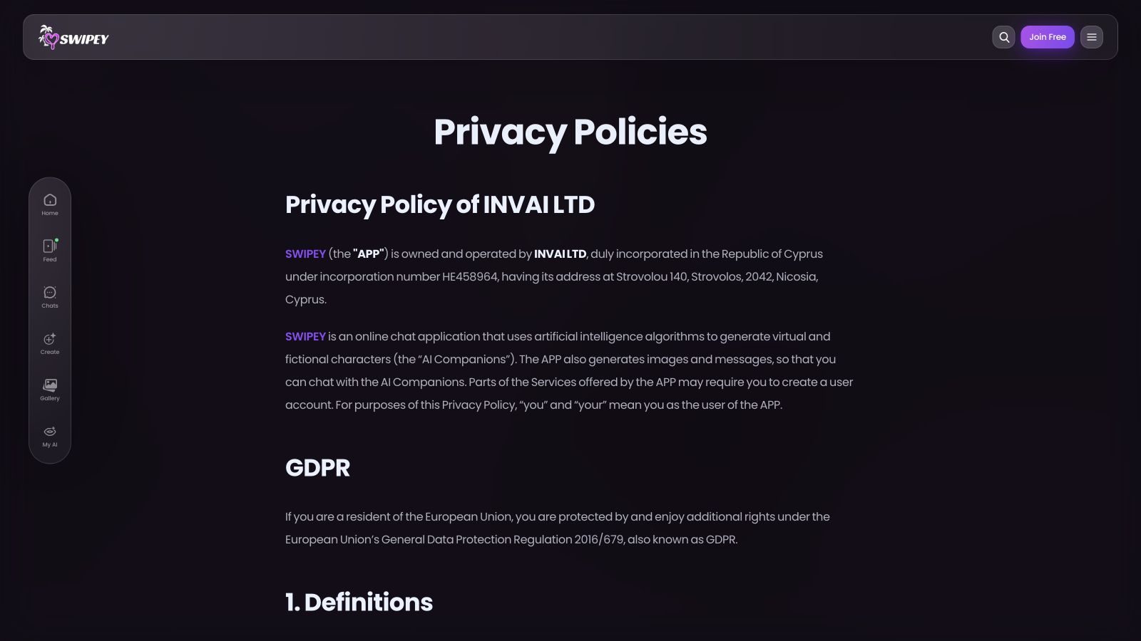 Swipey Privacy Policy naming INVAI LTD and introducing its data-protection terms