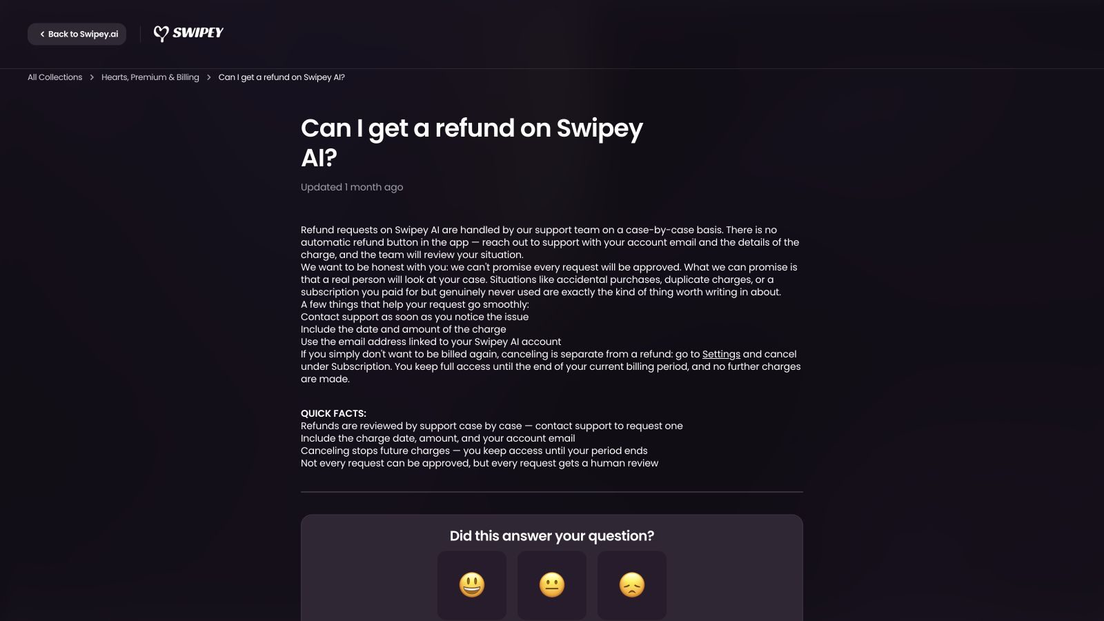 Swipey refund FAQ describing case-by-case support review