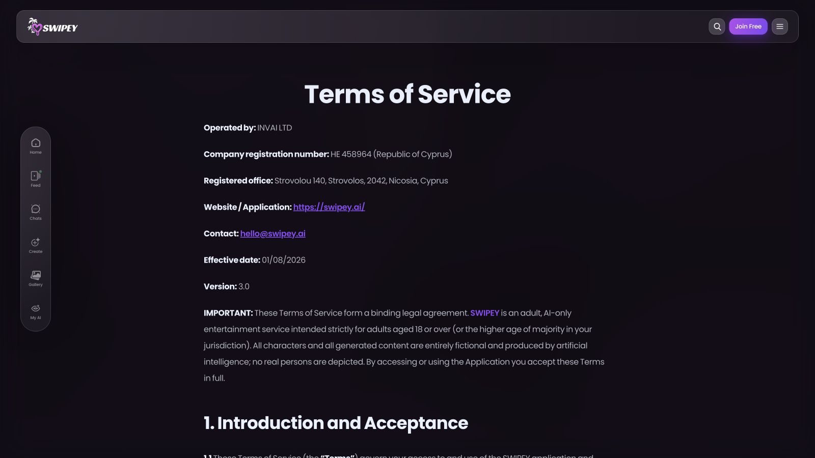 Swipey Terms naming INVAI LTD and describing its adults-only fictional AI service