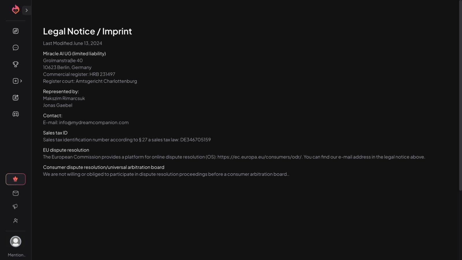 Dream Companion Imprint identifying Miracle AI UG