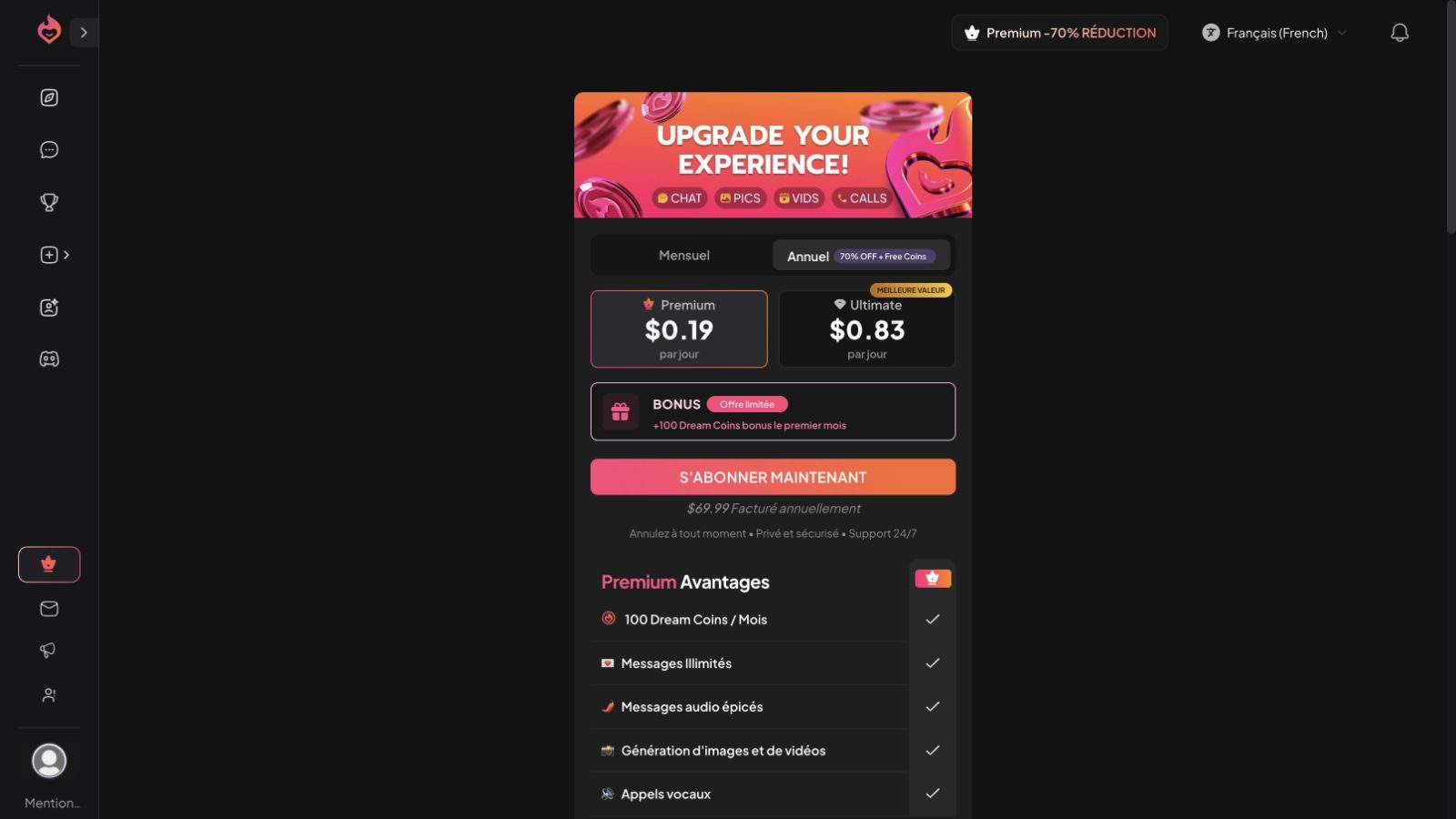 Dream Companion annual Premium plan showing $69.99