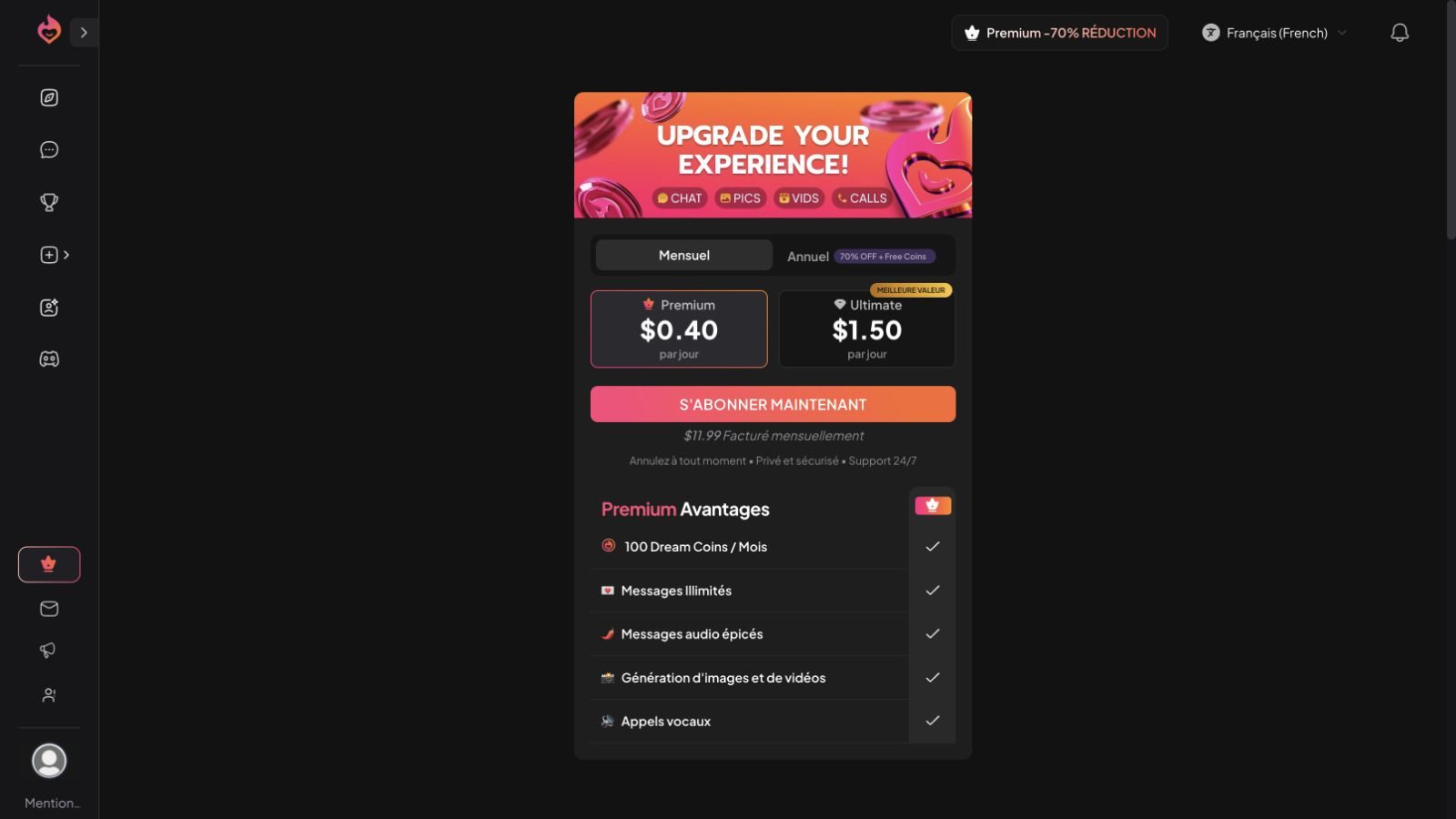 Dream Companion monthly Premium plan showing $11.99