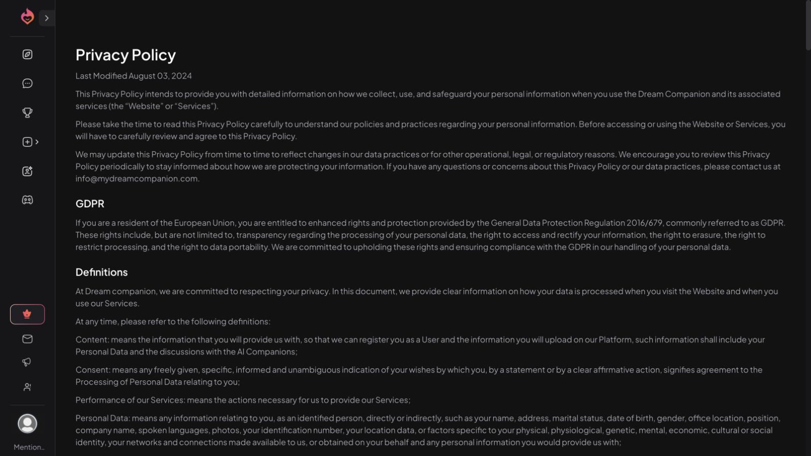 Dream Companion Privacy Policy defining AI discussions as Content