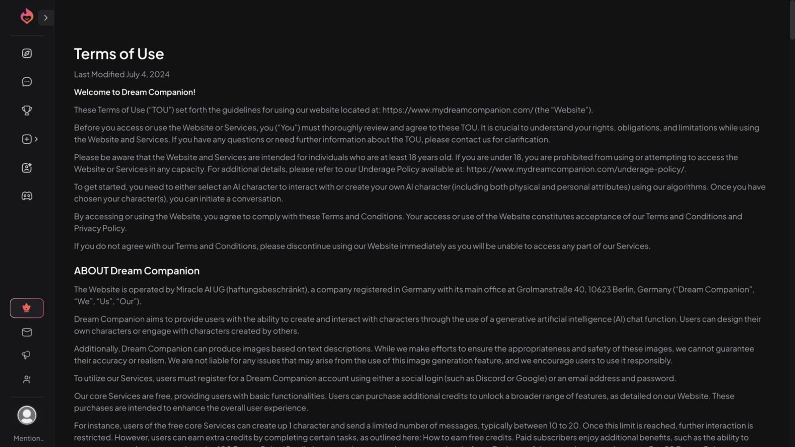 Dream Companion Terms describing the service and operator