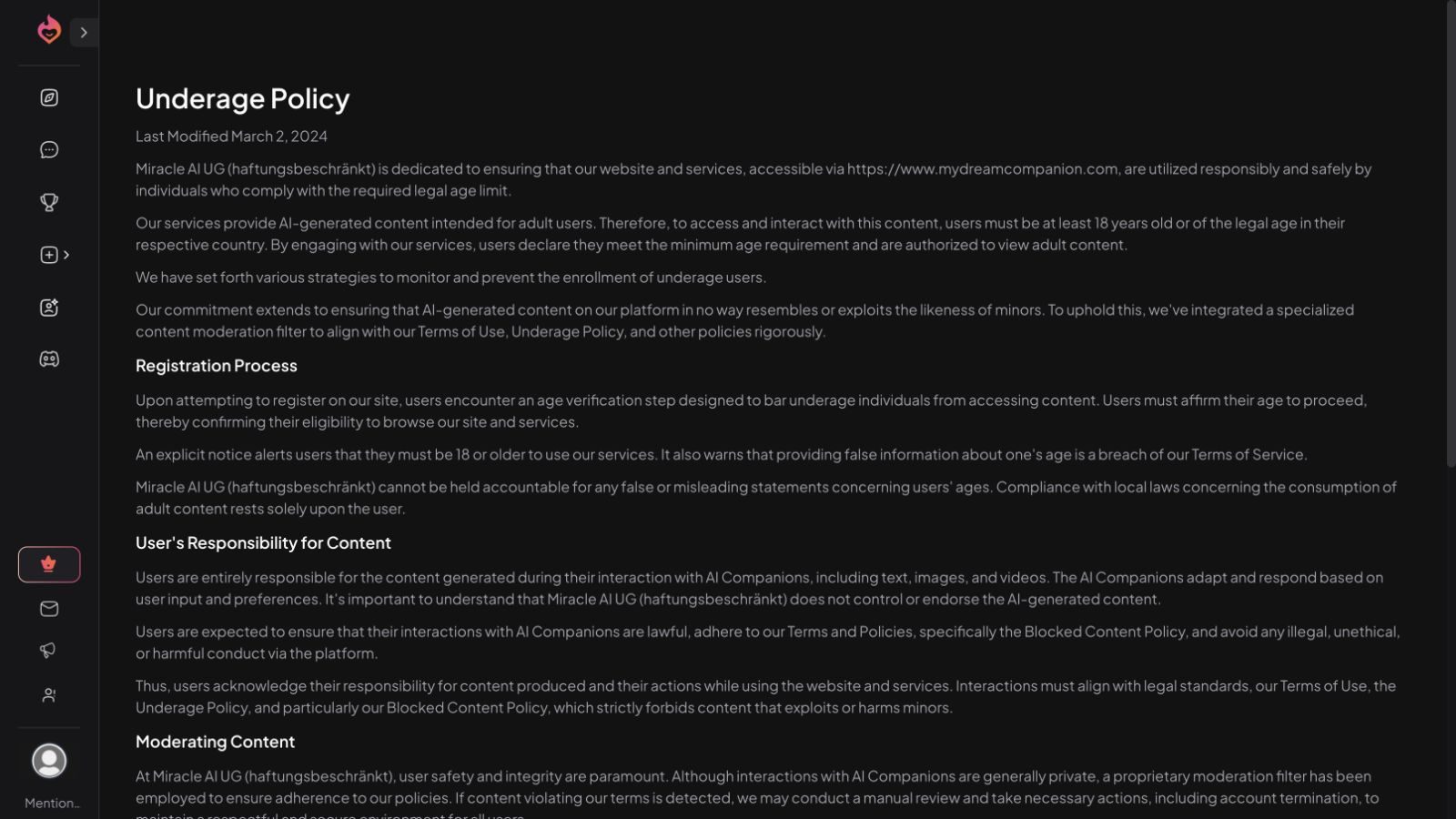 Dream Companion Underage Policy showing its adult-access rules