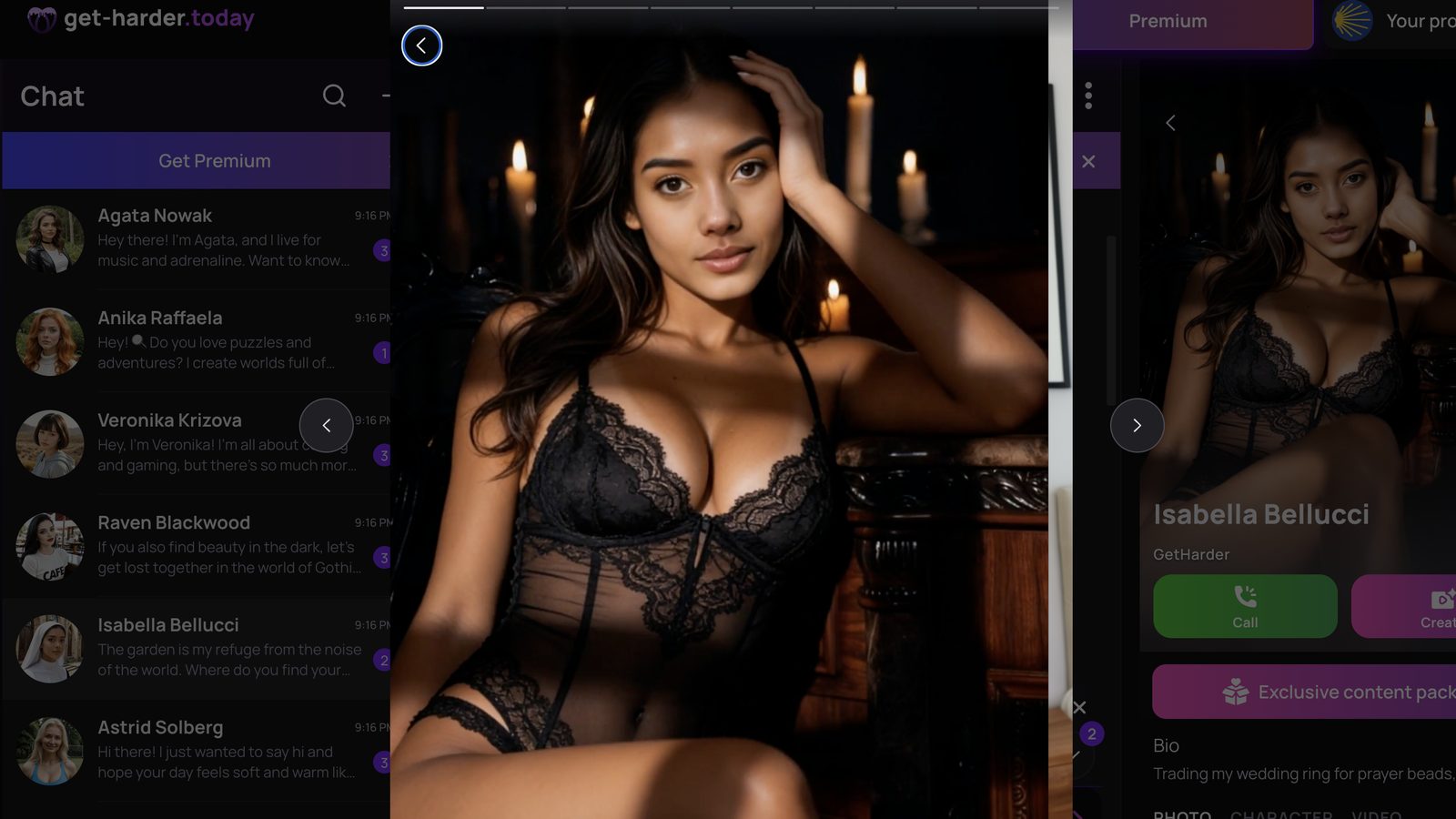 Get Harder character gallery showing Isabella Bellucci in black lace lingerie