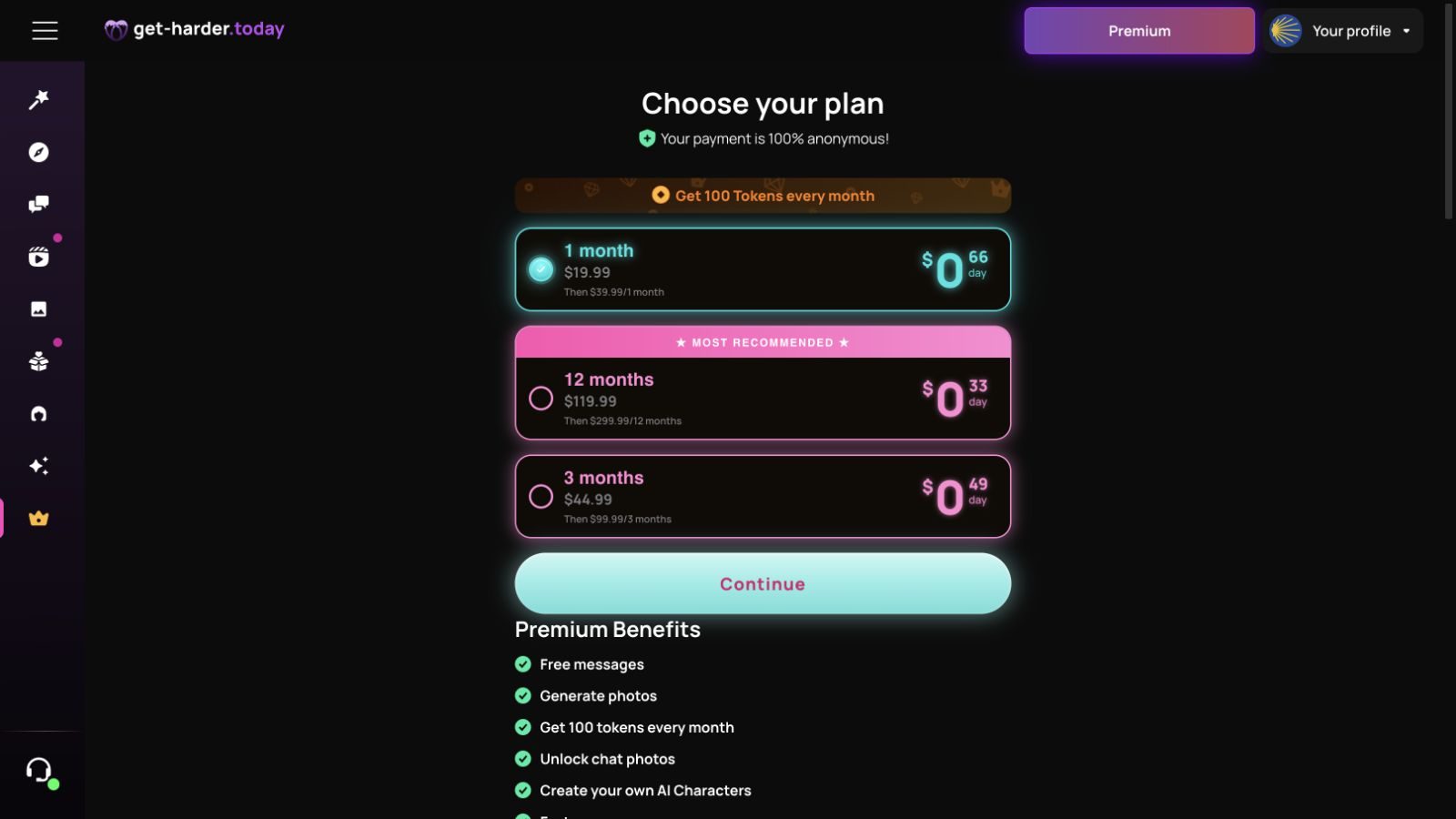 Get Harder monthly plan showing $19.99 then $39.99