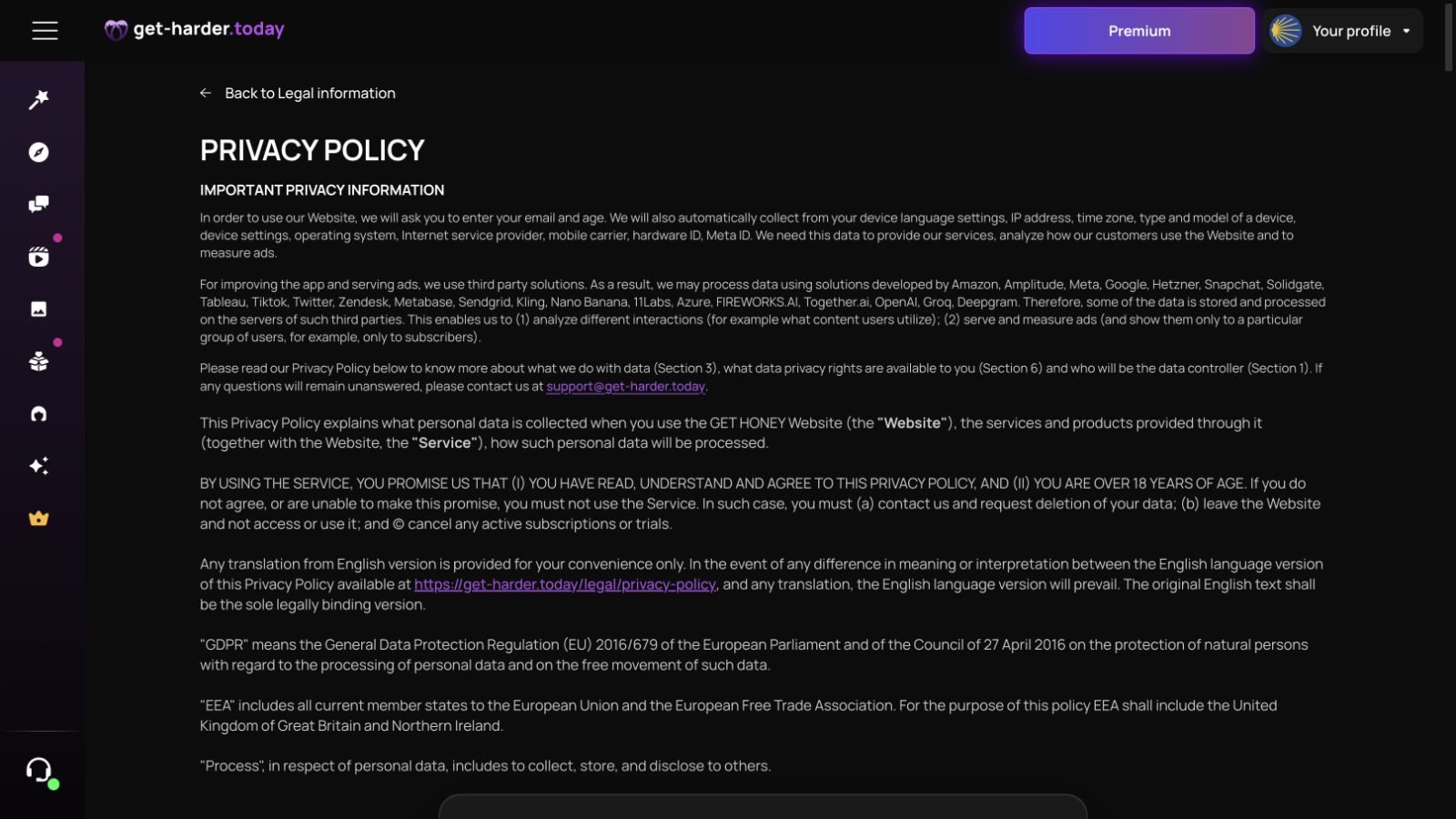 Get Harder Privacy Policy describing collection and processing