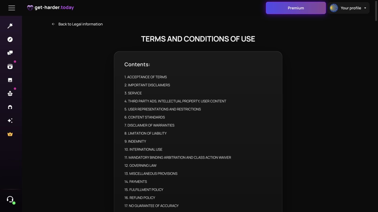 Get Harder Terms of Service table of contents